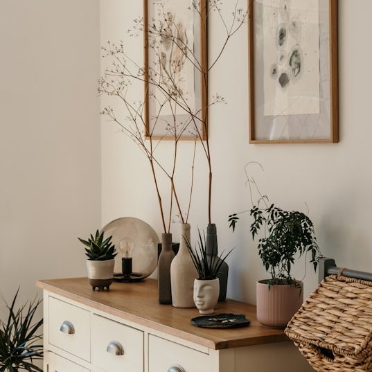 Schrank mit Pflanzen, Vasen und Bildern an der Wand in einem Wohnraum.